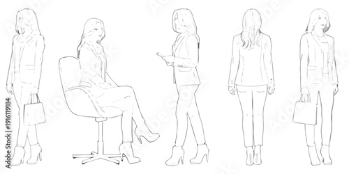 Fashion design sketches of women in business attire showing various poses