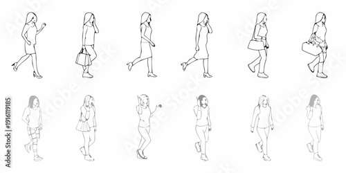 A collection of sketched female figures in various walking poses and outfits