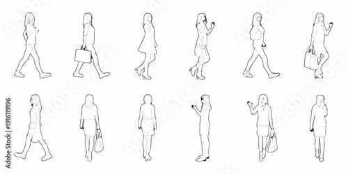 Collection of line art illustrations depicting women in various walking poses