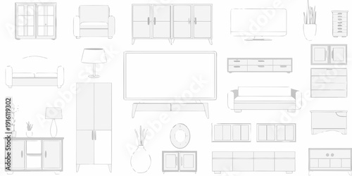 A bird s eye view of various furniture items arranged on a white background