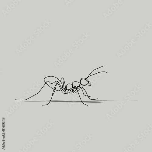 Minimal ant continuous line drawing walking on ground line, simple insect outline illustration in modern linear style isolated on light background