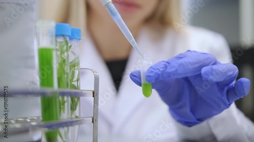 Female scientist pipetting green plant extract into test tube. Phytochemistry, green chemistry and natural product research concept.