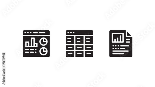 Data Analysis Icons in Minimalist Style with Simple Black and White Color on Flat Design for Infographic