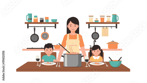 Family dinner scene with mother and children in modern kitchen setting