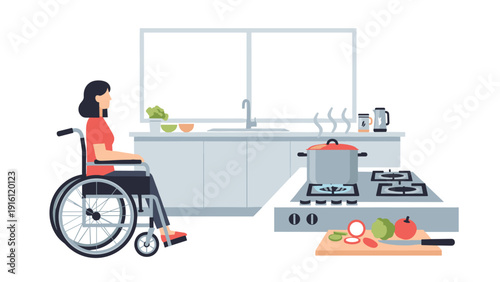 Woman in wheelchair cooking in modern kitchen with fresh vegetables