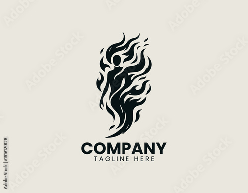 stylized shadow man formed by flowing flame shapes black vector logo illustration