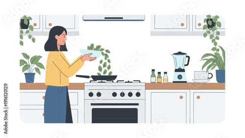 Woman cooking in modern kitchen with indoor plants and appliances
