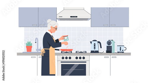Elderly woman cooking in modern kitchen with appliances and utensils