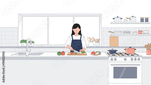 Woman cooking in modern kitchen: minimalist style with fresh vegetables and cooking utensils