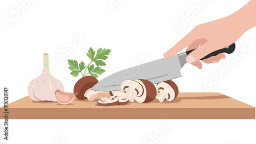 Slicing mushrooms on cutting board with fresh garlic and parsley in minimalist style
