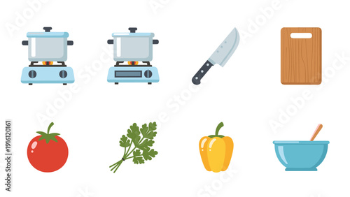 Flat kitchen icons: cooking supplies with stove, knife, cutting board, and ingredients