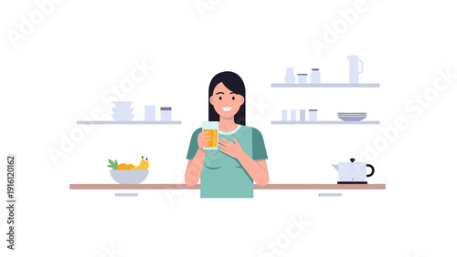 Smiling woman drinking juice in modern kitchen setting