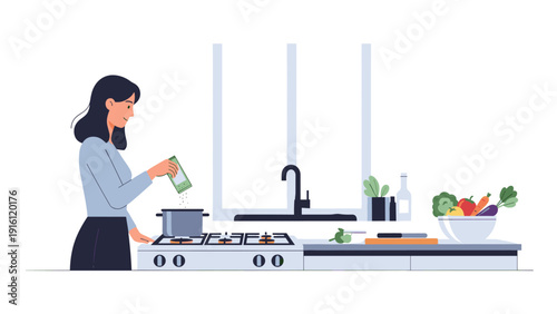 Woman preparing a meal in a modern kitchen at home with fresh ingredients