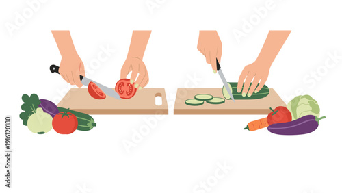 Flat style cooking preparation with vegetables and hands using knives on cutting boards