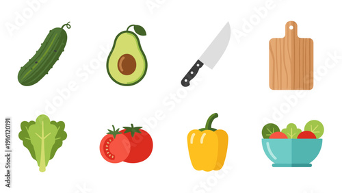 Fresh veggies and kitchen tools set: cucumber, avocado, knife, cutting board, lettuce, tomatoes, bell pepper, bowl