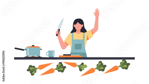 Woman cooking in kitchen with knife and pot