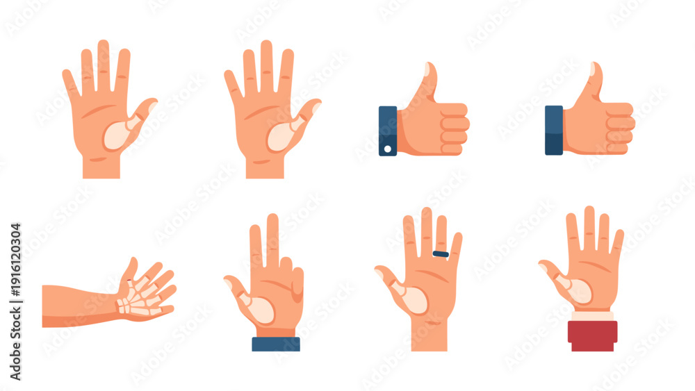 Fototapeta premium Hand gesture set with diverse poses and thumb variations in flat design