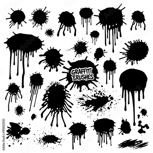 Black graffiti paint splatters set with ink drips and spray grunge blobs isolated on white background
