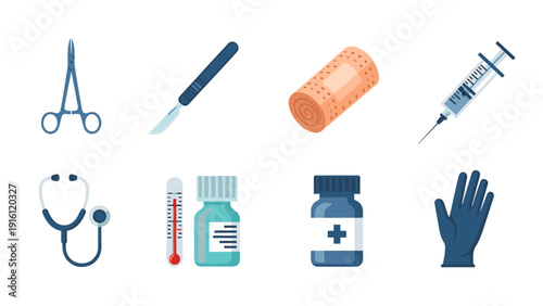 Healthcare tools and essentials: flat icons of medical instruments and supplies