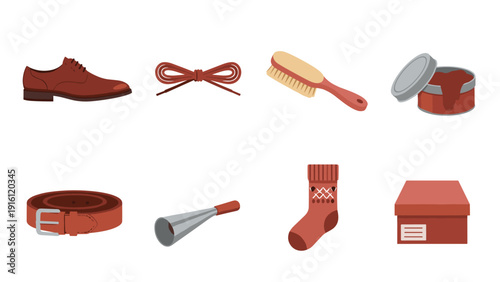 Essential shoe care items: brush, polish, laces, belt, sock, box in flat design