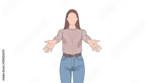 Woman with open arms wearing casual outfit in minimalist style
