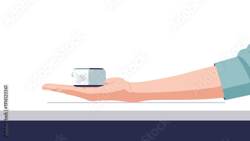 Flat design of a hand holding a smart speaker on a table