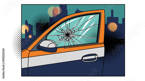 Comic style city car with broken window against night skyline