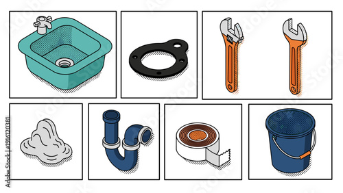 Retro isometric plumbing tools and supplies collection in pop art style
