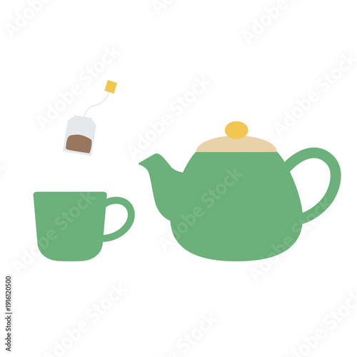 ティーポットとカップ、ティーバッグのシンプルなイラスト