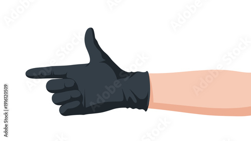 Black gloved hand in pointing gesture on white background