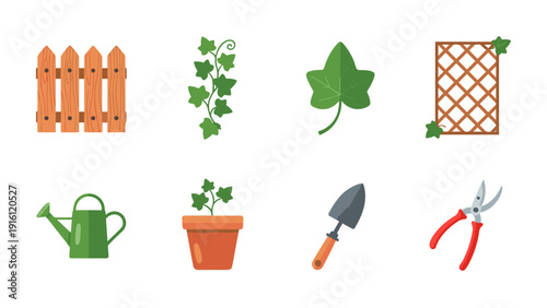 Gardening tools and greenery flat icons set for horticulture enthusiasts