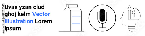 Innovation, creativity, food packaging, communication, audio recording, idea generation. Minimalist milk carton, microphone icon and concept of a brain with upward arrows. Creativity