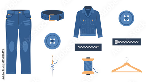 Denim fashion elements with sewing accessories in modern flat style
