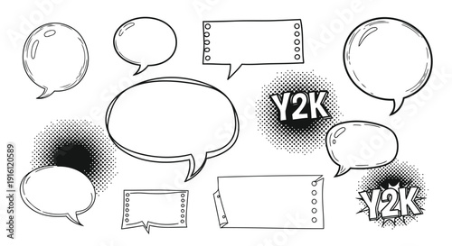 Trendy Y2K halftone comic speech bubble set with pop art elements