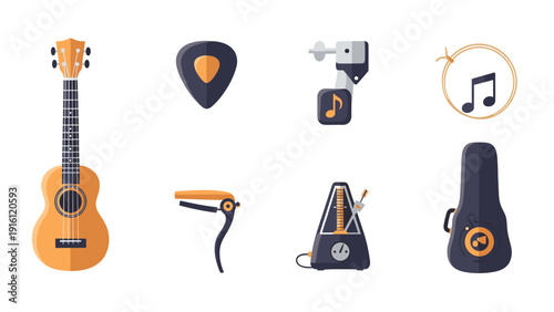 Musical instrument and accessories set: guitar, tuner, capo, metronome