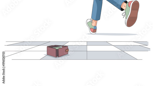 Person walking towards abandoned wallet on tiled floor in minimalist style