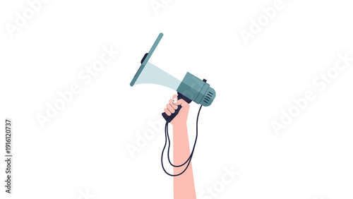 Hand holding megaphone on white background: modern flat style communication concept