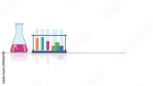 Colorful test tubes and flask with reflections in science laboratory setup