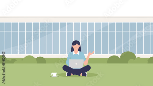 Woman with laptop in modern outdoor workspace surrounded by nature