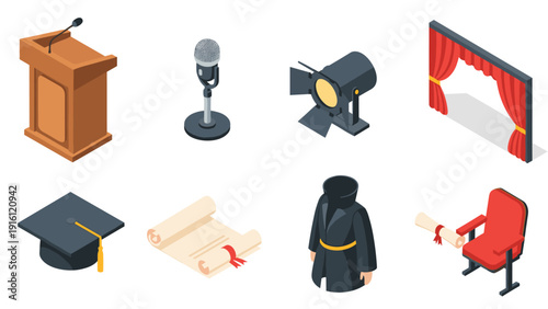 Isometric graduation elements: podium, microphone, spotlight, drapes, cap, diploma, gown, chair