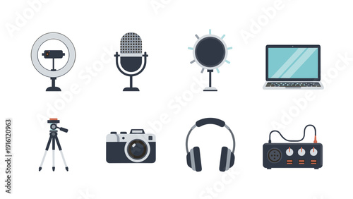 Collection of flat style multimedia equipment icons for creators