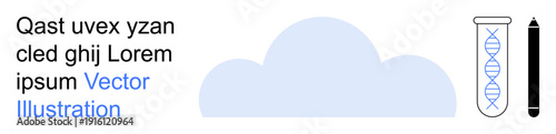 Science, genetics, cloud storage, digital tools, research, data analytics. Test tube with DNA, cloud pencil. Genetics and cloud storage modern research and digital innovation