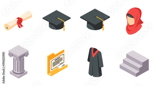Isometric graduation icons: caps, diplomas, and academic symbols