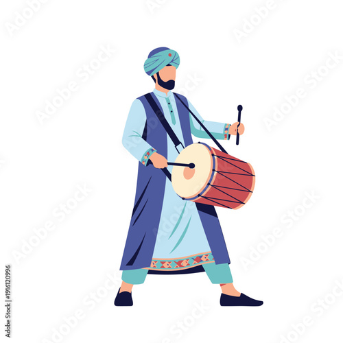 A man in traditional attire plays a large drum with two sticks, creating a festive rhythm