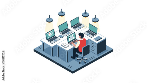 Isometric office workspace with multiple computers and desk lamps
