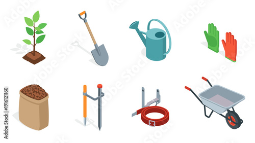 Gardening tools and supplies isometric icons set for home and outdoor projects