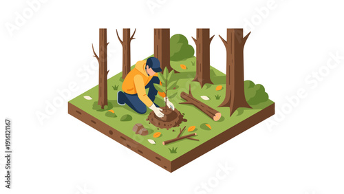 Isometric tree planting in autumn forest: volunteer reforestation effort