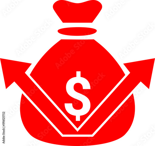 Expense Icon Featuring Red Money Bag with Dollar Sign and Upward Arrows for Finance, Investment, and Business Growth