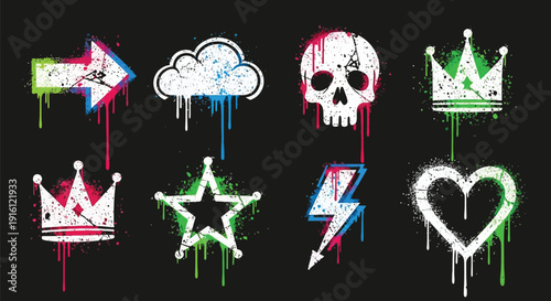 Colorful Graffiti Icon Set on Dark Brick Wall Background