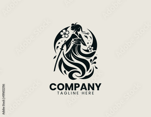An elegant, stylish woman in traditional Japanese clothing holding a katana black vector logo illustration